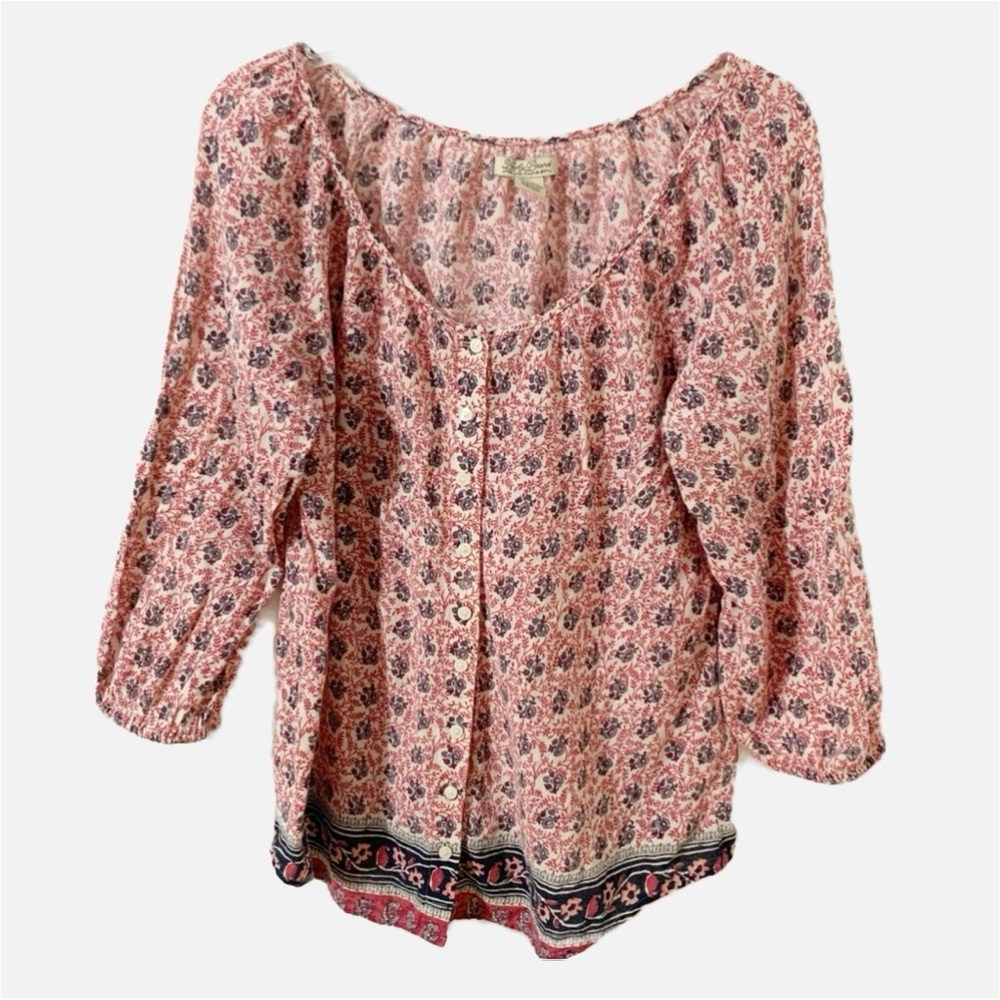 Lucky Brand Floral Print Three Quarter Sleeve Button Front Scoop Neck Blouse 
🩷💙